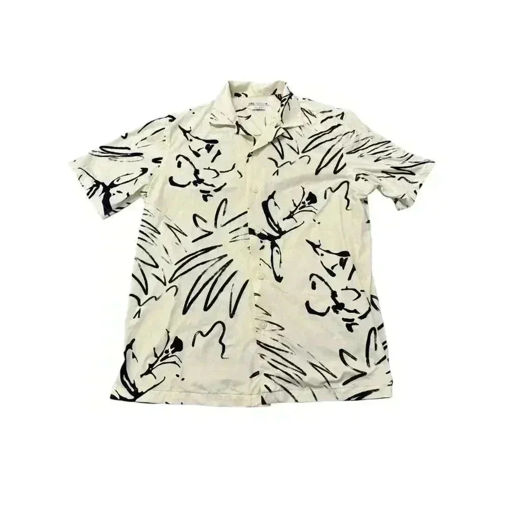 Zara women's size m regular fit short sleeve button up cream black elastane